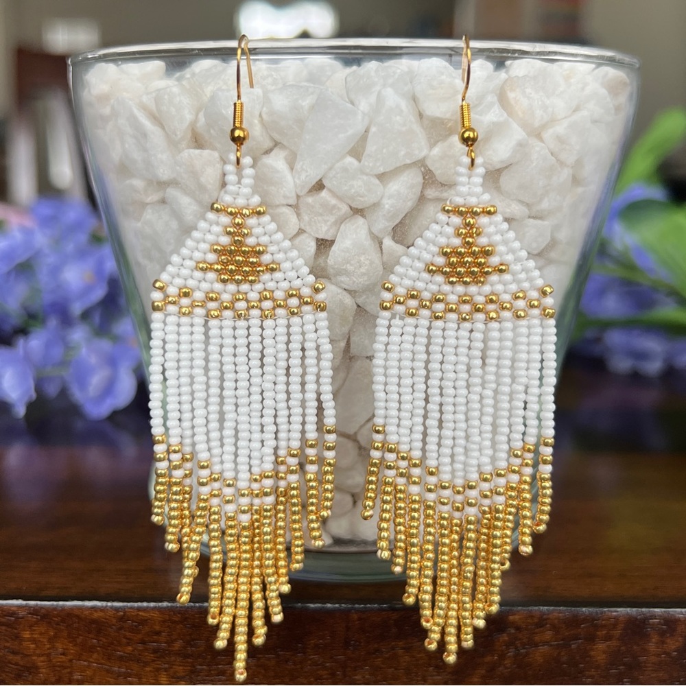 White Gold Seed Beaded Earrings Fringe Tassel Earrings Hypoallergenic Ear Hook